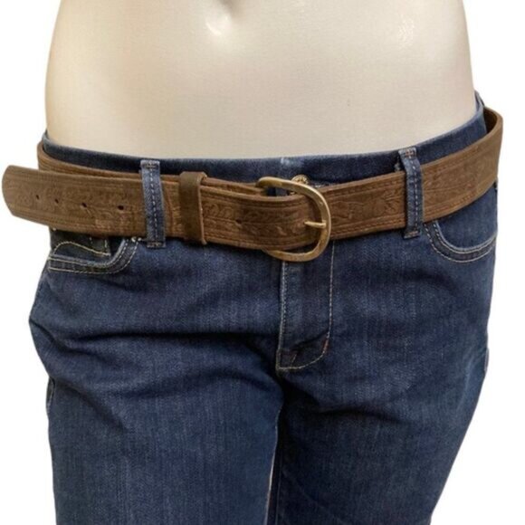 Vtge Mans Brown Leather Belt w/Etched Decorative Pattern Metal Buckle Size 38/40 - Picture 2 of 9